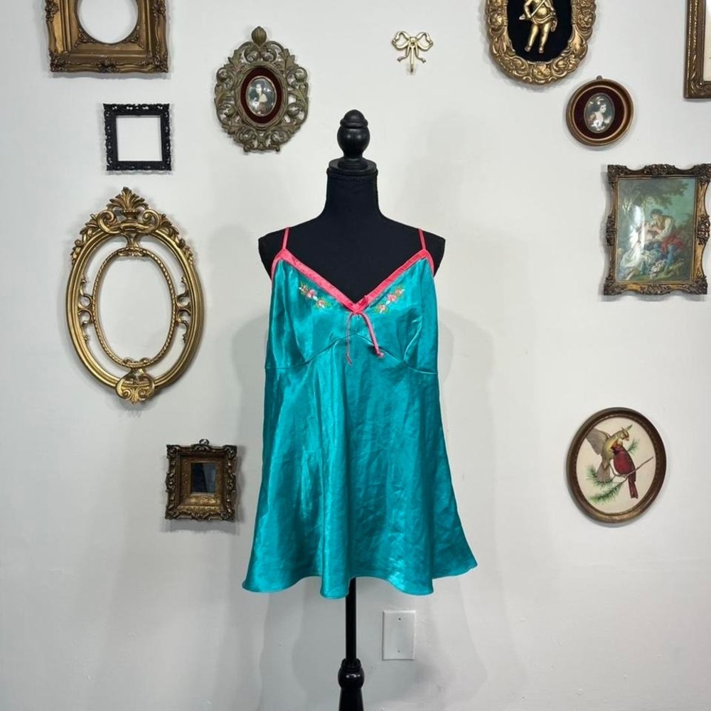 Y2K Turquoise Satin Slip Dress with Pink Trim & Floral Embroidery – Size XL
